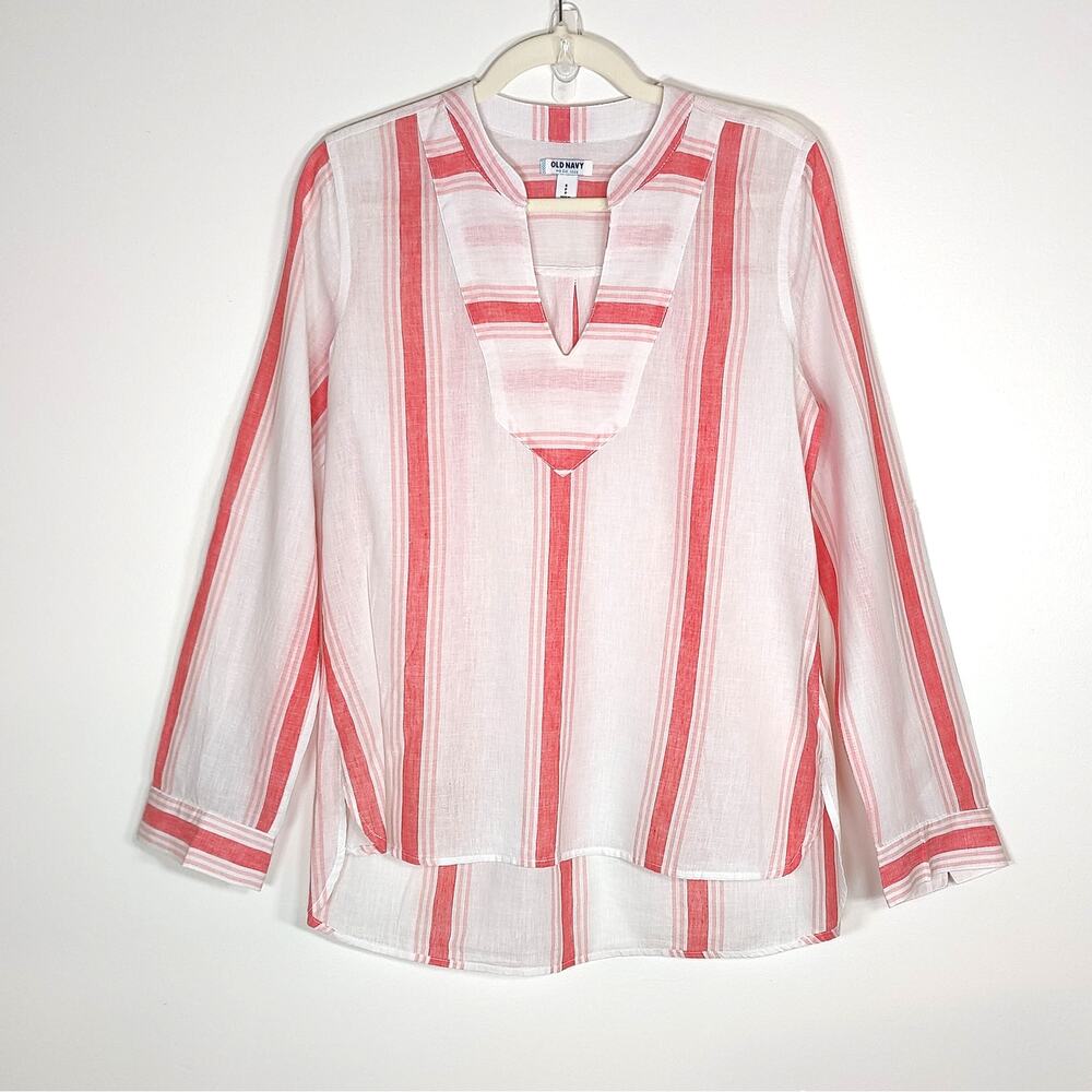Old Navy Linen Cotton Tunic Top Striped Pink White Size S Lagenlook Beach Summer